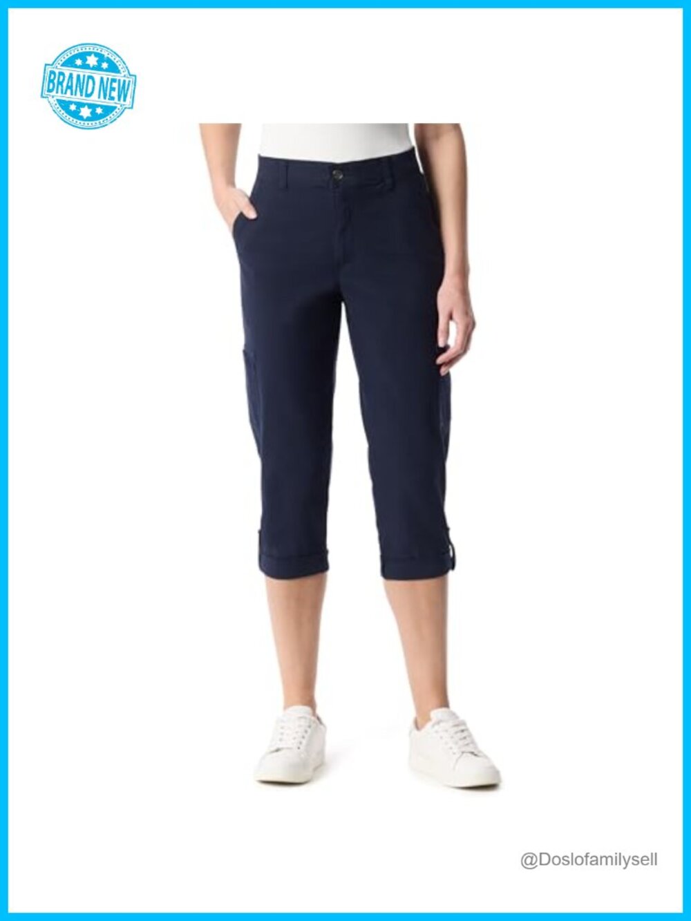 Cargo Capri Tab Roll Cuff Zip Front Elastic Waist Cotton Spandex